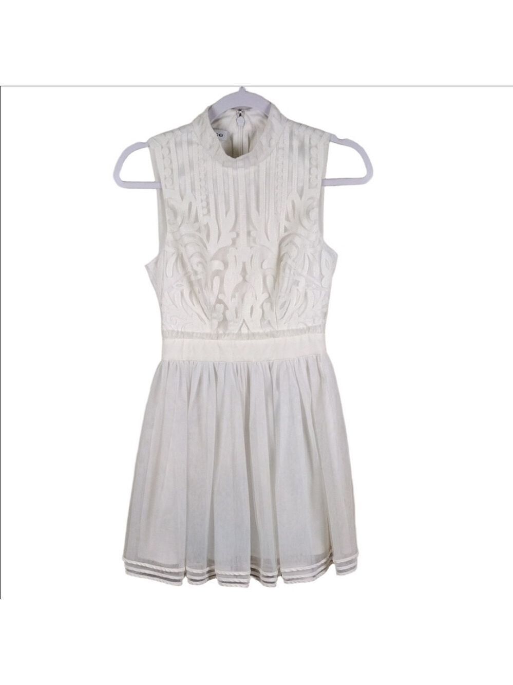 Bebe White Embroidered Layered Tulle Mandarin Collar Sleeveless Mini Shift Dress